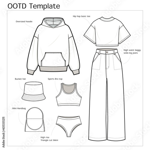 Hoodie A Chic Casual Look. OOTD template. technical fashion illustration. Hoodie, jeans, cropped tee, bucket hat, mini handbag, sporty underwear vector template, CAD mockup.