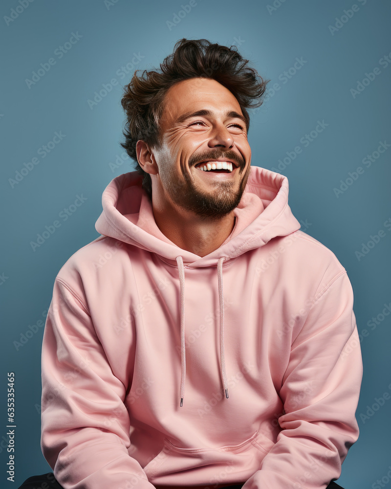 Fototapeta premium Young handome man smiling wearing pink sweatshirt isolated on dark blue background , Created with Generative Ai Technology