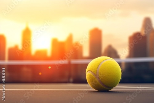 Tennis Banner Featuring a Yellow Tennis Ball on a Blurred Background, Generative Ai