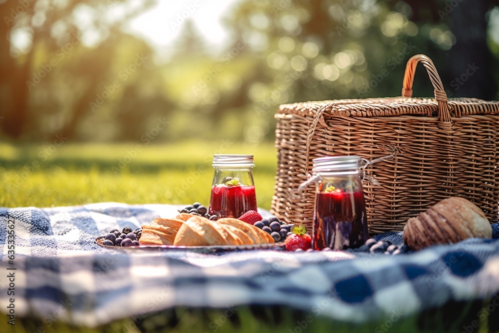 Foto de Picnic basket with fruit and vegetables on a blanket in the ...