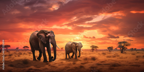 Majestic savannah with a herd of elephants grazing in the distance and a fiery sunset sky in the background.