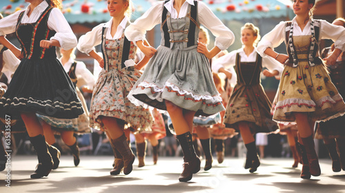 Fotografia Group of locals dressed in traditional Bavarian fluffy skirt, blouse, corset with lacing and apron, enjoying a lively polka dance at Oktoberfest