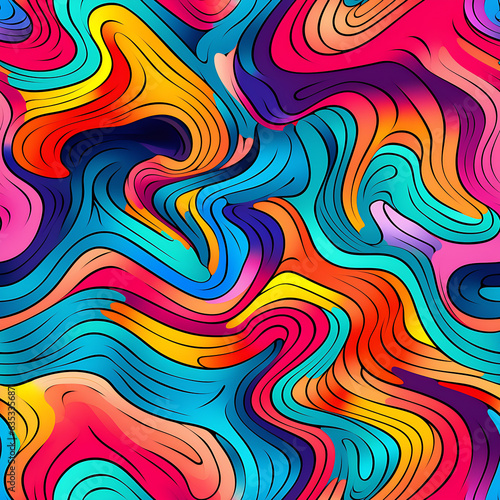 Psychedelic pattern. Colourful seamless pattern with dots circles and lines. Trance inspired neon coloured patterns.