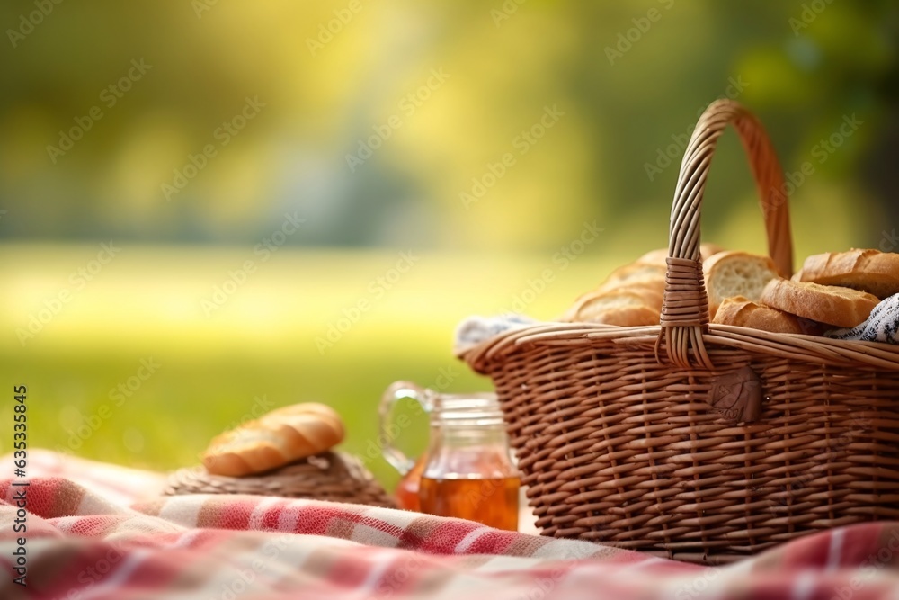 Picnic basket with fruit and vegetables on a blanket in the park. Summer picnic with fresh fruits and croissants in the garden. Selectiv focus. Picnic basket with fruit and vegetables on a blanket in the park. Summer picnic with fresh fruits and croissants in the garden. Selectiv focus.