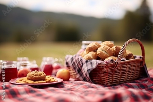 Picnic basket with fruit and vegetables on a blanket in the park. Summer picnic with fresh fruits and croissants in the garden. Selectiv focus. photo