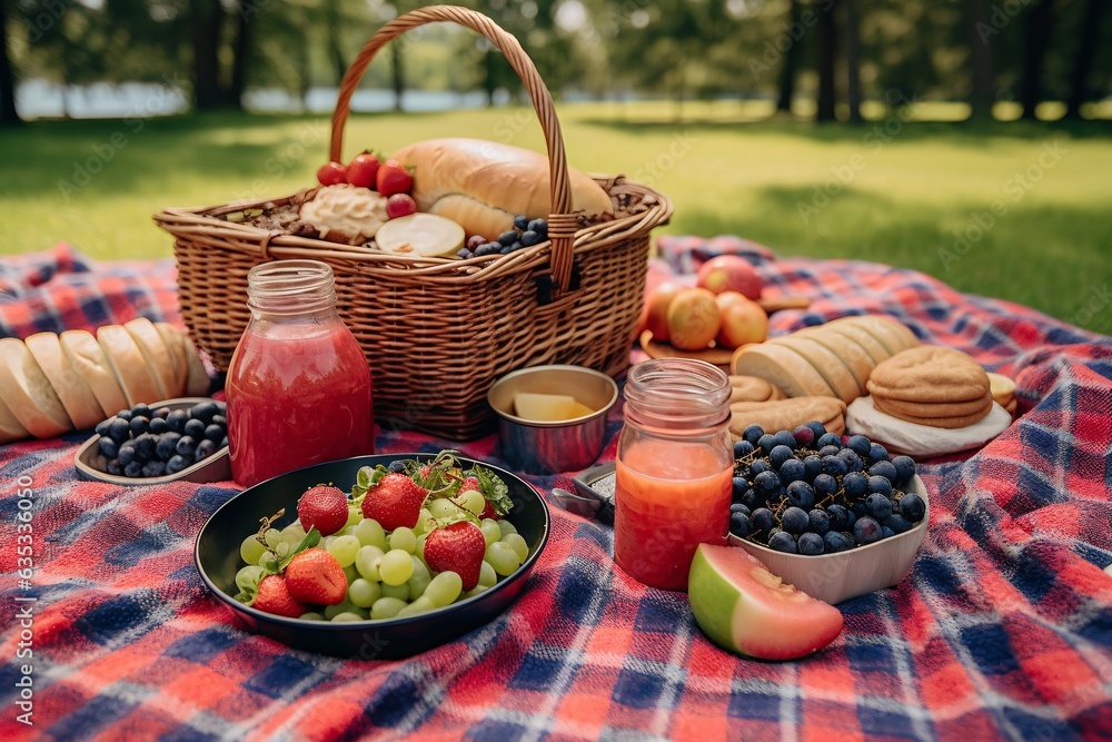 Picnic basket with fruit and vegetables on a blanket in the park. Summer picnic with fresh fruits and croissants in the garden. Selectiv focus. Picnic basket with fruit and vegetables on a blanket in the park. Summer picnic with fresh fruits and croissants in the garden. Selectiv focus.