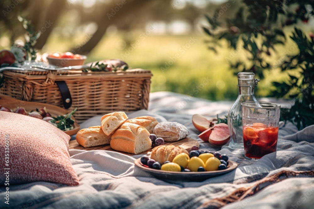 Picnic basket with fruit and vegetables on a blanket in the park. Summer picnic with fresh fruits and croissants in the garden. Selectiv focus.