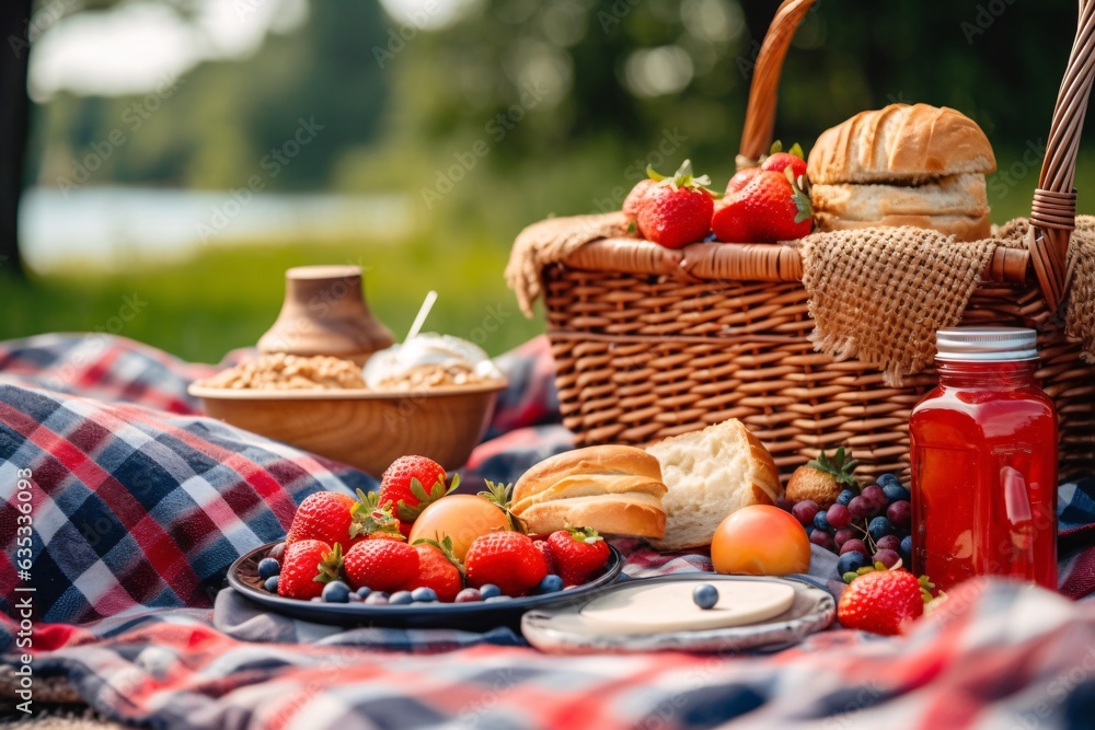 Picnic basket with fruit and vegetables on a blanket in the park. Summer picnic with fresh fruits and croissants in the garden. Selectiv focus. Picnic basket with fruit and vegetables on a blanket in the park. Summer picnic with fresh fruits and croissants in the garden. Selectiv focus.
