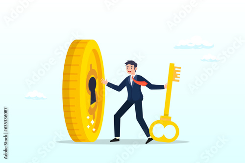 Businessman investor holding huge golden key to unlock coin keyhole, financial key success, unlock secret reward for investment opportunity, wealth solution to make money and gain profit (Vector)