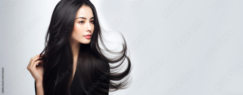Beautiful young asian model advertising long black hair. Advertising design for cosmetics, beauty salon. Banner. Generative Ai content. Beautiful young asian model advertising long black hair. Advertising design for cosmetics, beauty salon. Banner. Generative Ai content.
