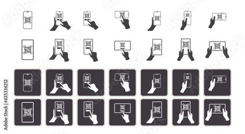 A collection of mobile scanning QR code icons, depicting hands grasping a smartphone and a tablet. Smartphone with QR code icon set in flat style collection. Mobile phone with hand and qr code symbol.