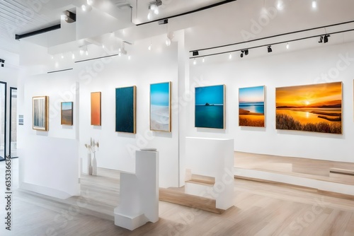 An art gallery with beautiful paintings displayed on minimalist white walls