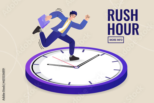 Rush hour and deadline pressure concept. A busy businessman is running late on a giant clock, symbolizing a stressful race against time to manage a schedule, work, and increase productivity.