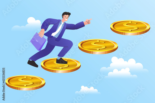 A businessman with a briefcase runs up floating gold coin stairs. This symbolizes financial growth, career progression, and achieving goals step-by-step, representing ambition and success.