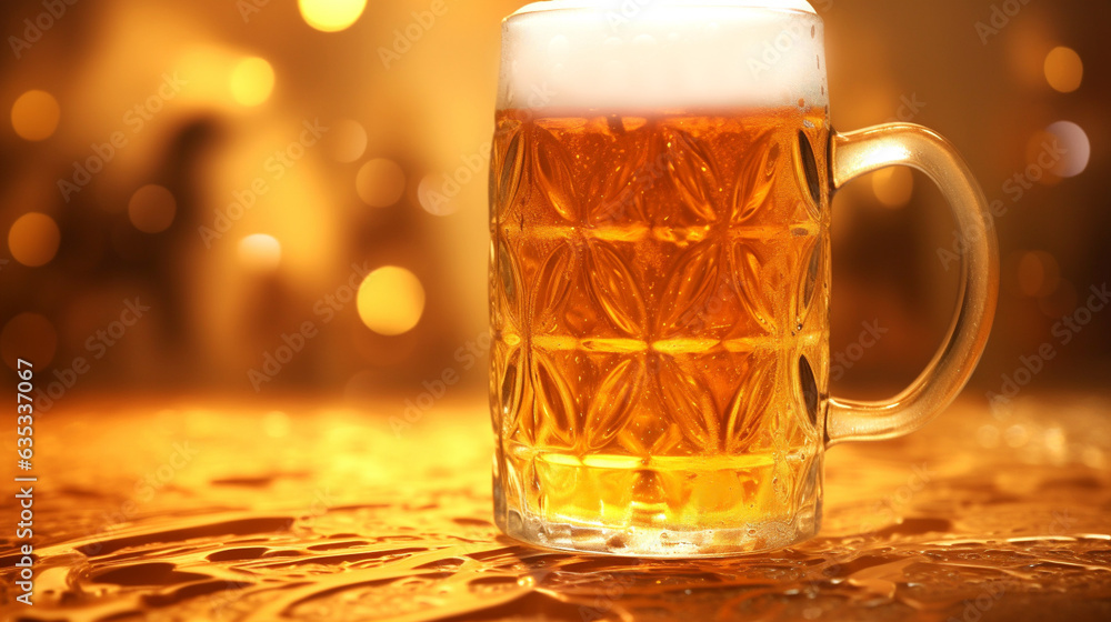 Close-up shot of frothy beer stein. Intricate design of the traditional German beer mug. Atmosphere of Oktoberfest. Blurry background for restaurant menu, rustic texture. Banner. Generative Ai