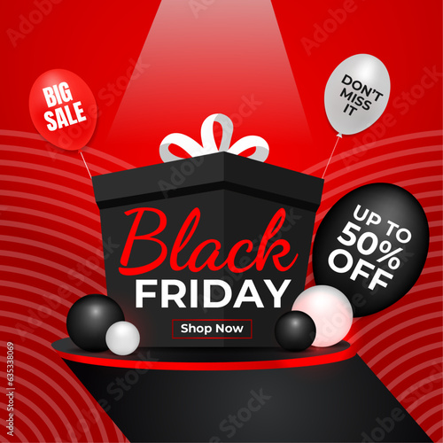 Editable Black Friday Sale banner design template vector illustration. Social media post design for Black Friday Sale. Advertising, promotional banner in black friday (ID: 635338069)