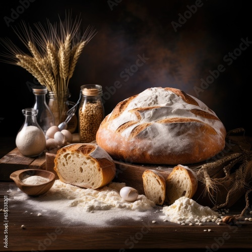 Fresh baked artisan sourdough bread, with raw wheat berries and flour displayed on a rustic wood table. Generative AI.