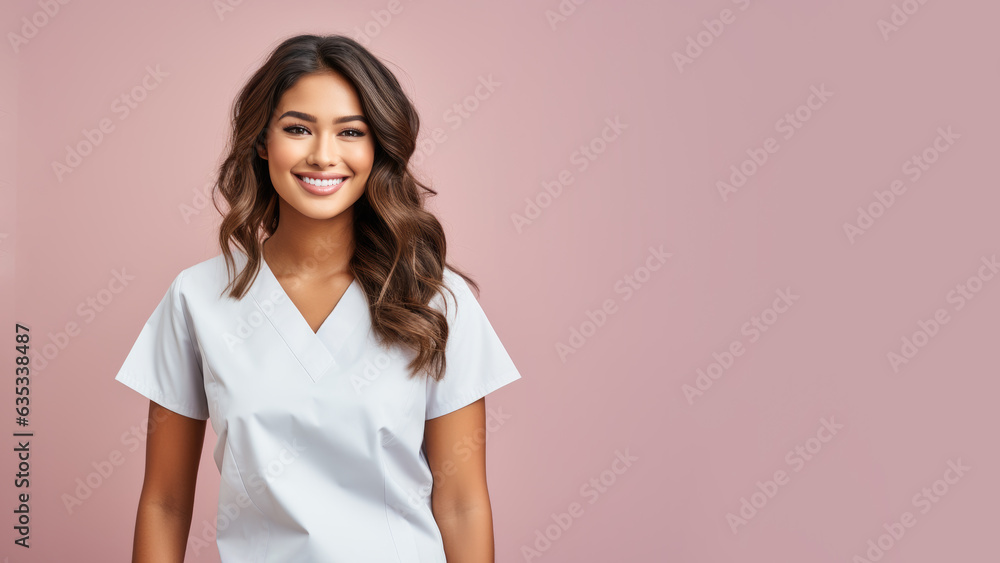 Happy indian girl wearing nurse uniform isolated on pastel background with copy space Happy indian girl wearing nurse uniform isolated on pastel background with copy space