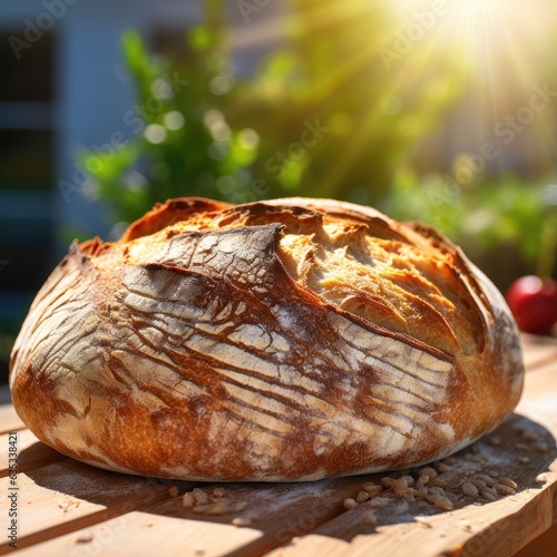 Fresh crispy sourdough bread on a sunny day. Bright light, fragrant bread on a wooden table. Generative AI.