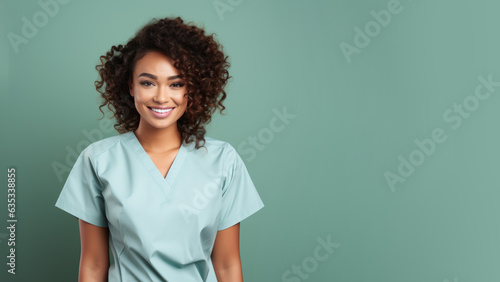 Happy afro-american girl wearing nurse uniform isolated on pastel background with copy space