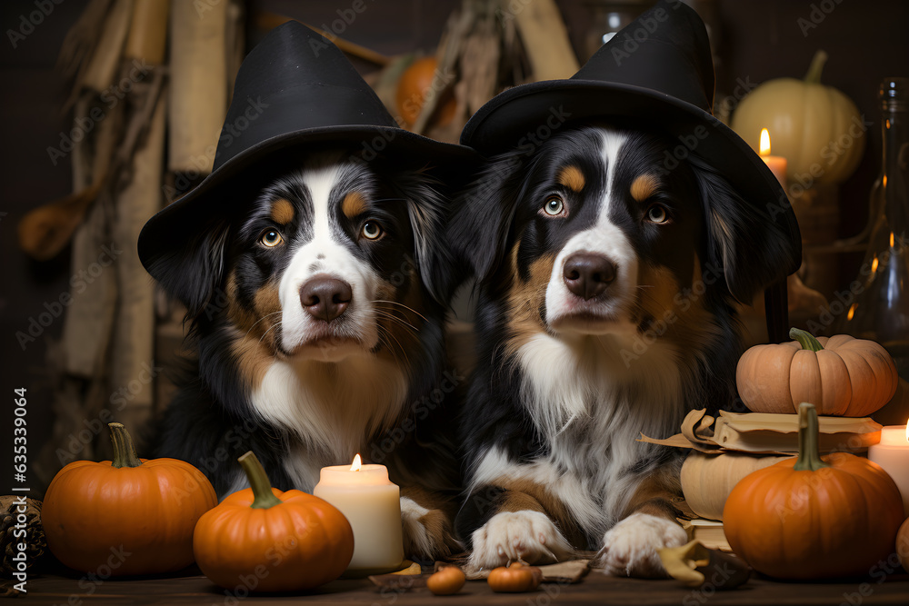 two halloween Dog with pumpkin dark Halloween background