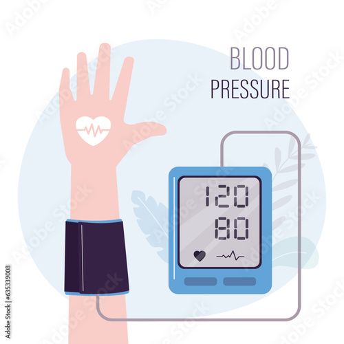 Measuring blood pressure and healthcare concept. Human hand wearing tonometer examining checking blood pressure and heartbeat Health monitoring.