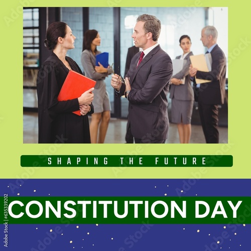 Composite of constitution day text over caucasian lawyers and businesspeople