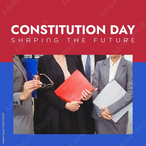 Composite of constitution day text over diverse lawyers and businesspeople