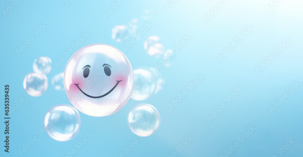Bubble smile with happy face on pastel blue background, Positive thinking, Mental health assessment, World mental health day concept Bubble smile with happy face on pastel blue background, Positive thinking, Mental health assessment, World mental health day concept