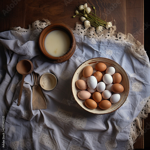 Overhead view of a bowl of eggs on a wooden table