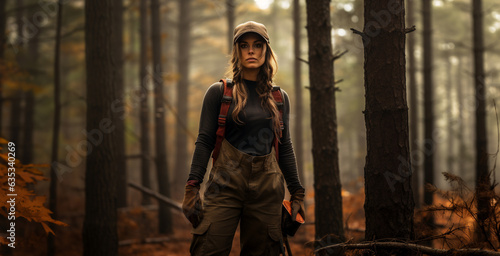 A female outdoorsman poses in the woods photo