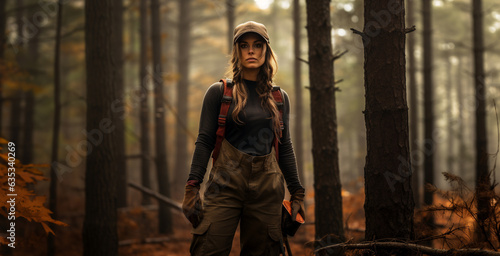 A female outdoorsman poses in the woods