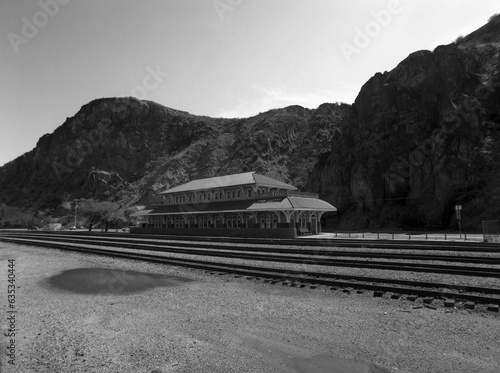 Black and white photo of old train station photo