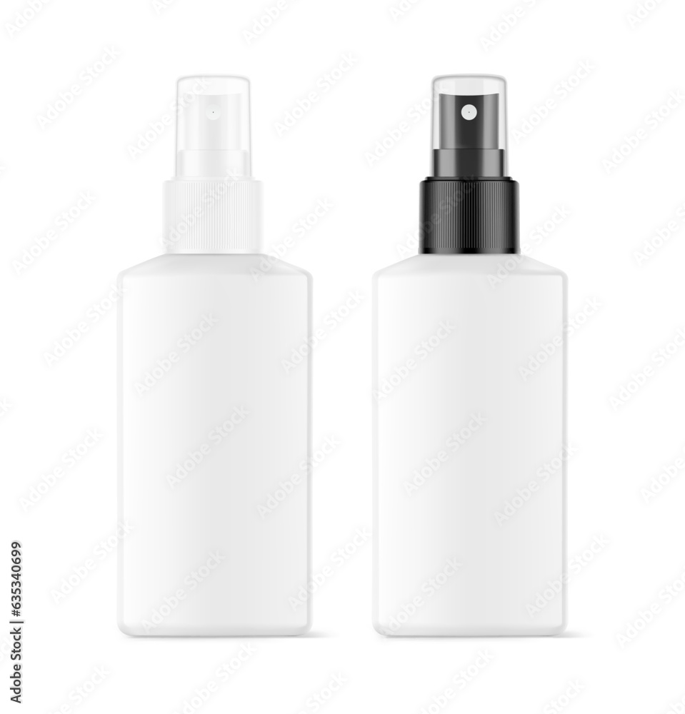 Realistic spray bottles mockup with different caps. Vector illustration isolated on white background. Сan be used for cosmetic, medical, sanitary and other needs. Symmetrical lighting scheme. EPS10. Realistic spray bottles mockup with different caps. Vector illustration isolated on white background. Сan be used for cosmetic, medical, sanitary and other needs. Symmetrical lighting scheme. EPS10.