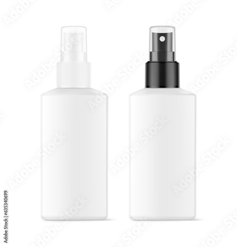 Realistic spray bottles mockup with different caps. Vector illustration isolated on white background. Сan be used for cosmetic, medical, sanitary and other needs. Symmetrical lighting scheme. EPS10.