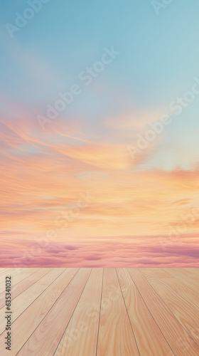 Rustic wooden boards  room for copy  wood product display template with whimsical airy pastel colored sky at sunset or sunrise