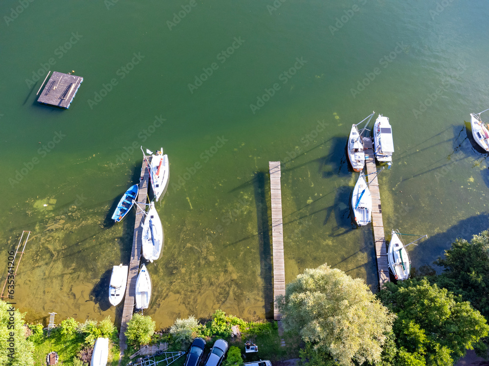 Aerial View from above. Marina for boats and motorboats on the lake, nature.
