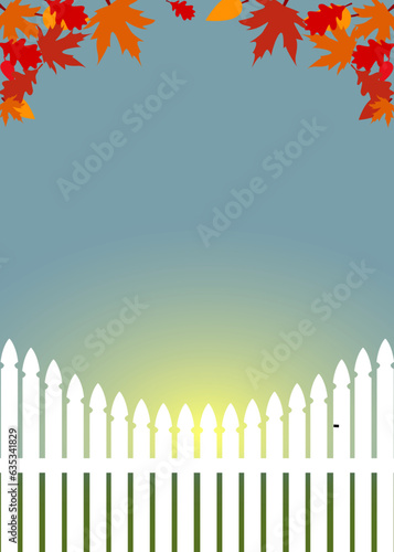 Cute, cartoon background for text with picket fence element and leaves, with automn colors
