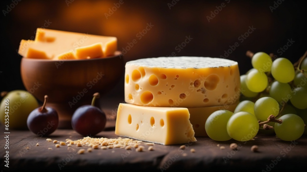 Cheese on rustic wooden table. Generated with AI