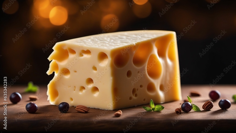 Cheese on rustic wooden table. Generated with AI