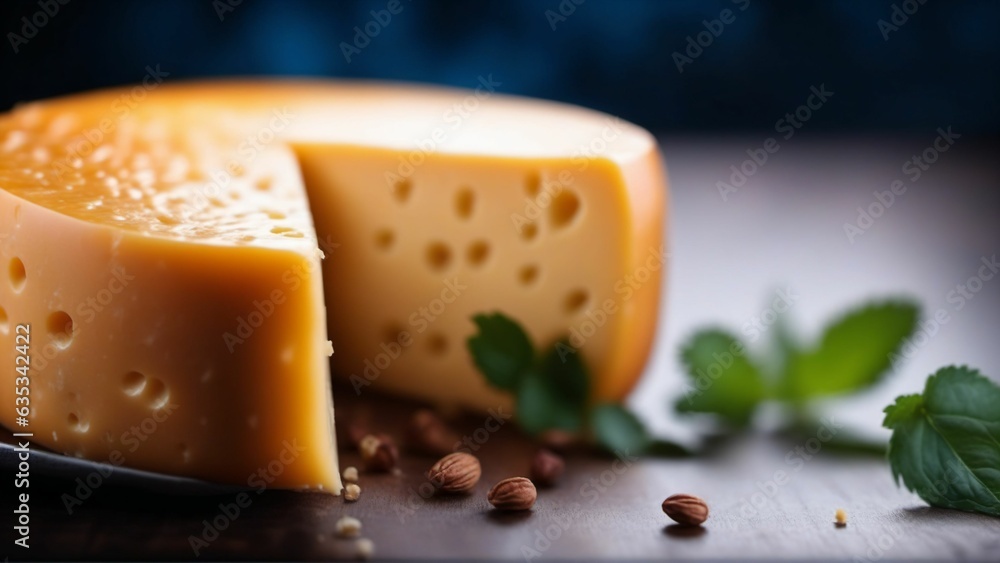 Various types of cheese on wooden table. Generated with AI