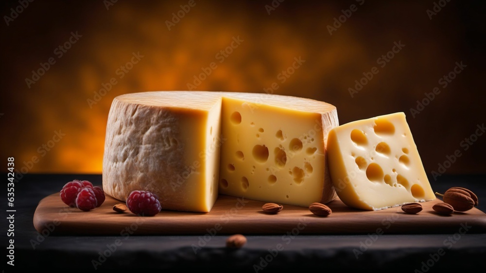 Various types of cheese on wooden table. Generated with AI