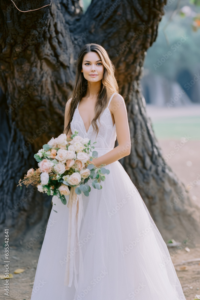 Beautiful bride with a bouquet of white and pink roses Beautiful bride with a bouquet of white and pink roses