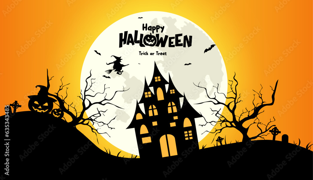 Happy halloween text vector design. Halloween horror scene with creepy haunted mansion and scary full moon background. Vector illustration spooky night background.
