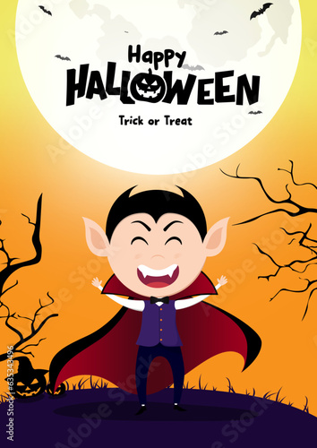 Happy halloween text vector design. Halloween dracula and vampire character in full moon scary creepy night concept. Vector illustration invitation card background.
