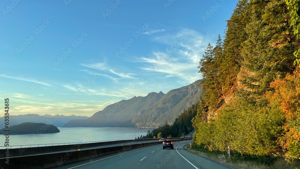 Beautiful sunset over the Sea-to-Sky Highway 99 in British Columbia, Canada