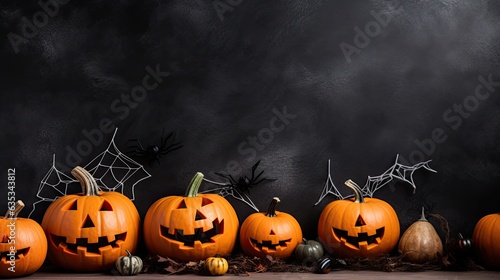 Happy halloween flat lay mockup with pumpkins  leaves and spider web on black background. Autumn holiday concept composition. Top view with copy space