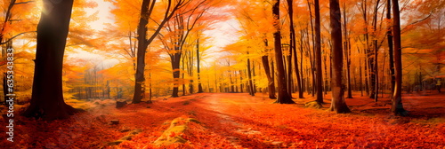 colorful autumn forest with picturesque yellow, red and orange leaves. Generative AI