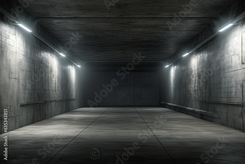 Dark tunnel illuminated by white LEDs, creating futuristic ambiance. Sci-fi architectural marvel.