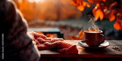 warm knitted sweater and coffee warming on a cool autumn day Generative AI